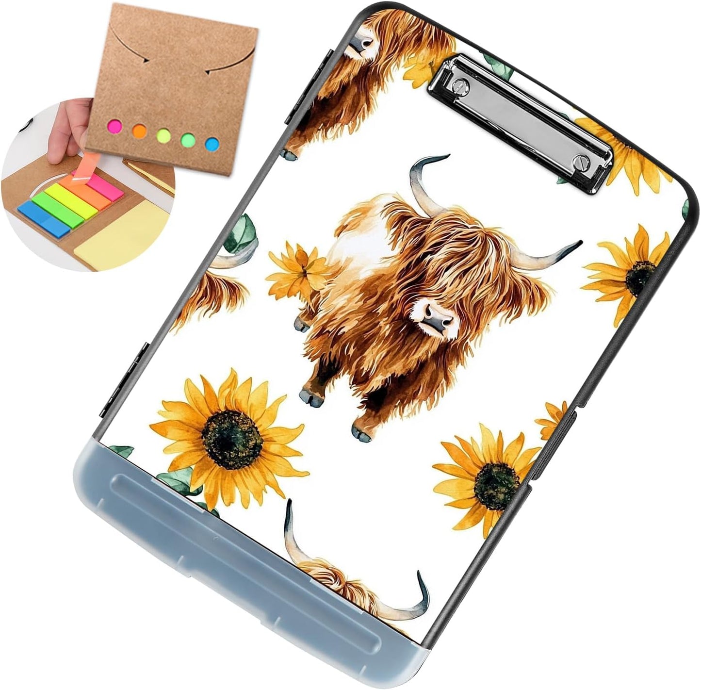 Clipboard with Storage - Large Capacity,Nursing Clipboard with Pen Holder,Heavy Duty,Plastic Side-Opening Folder for Teacher,Nurse - Sunflower Highland Cow