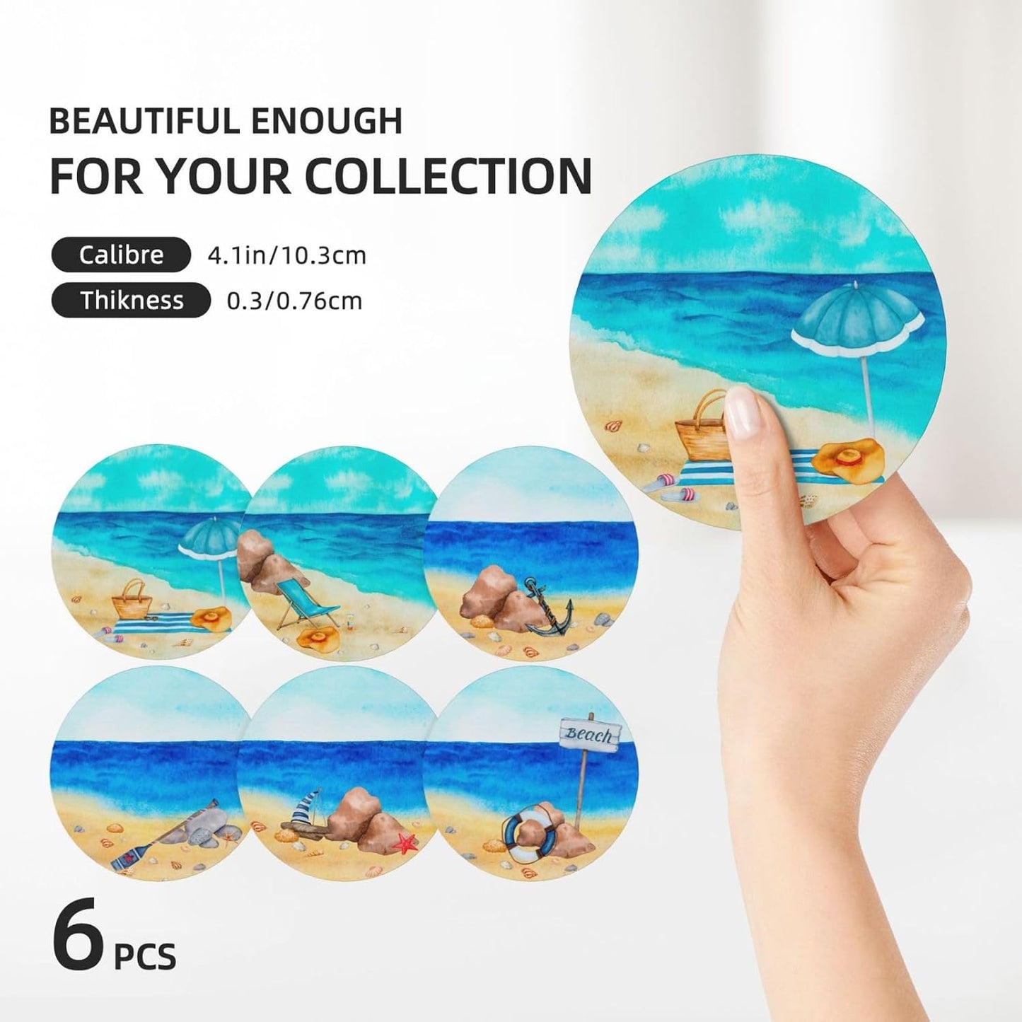 Summer Coastal Beach Theme Absorbent Drink Coasters with Holder, Set of 6 Ceramic Ocean Coasters with Cork Base for Table Decor