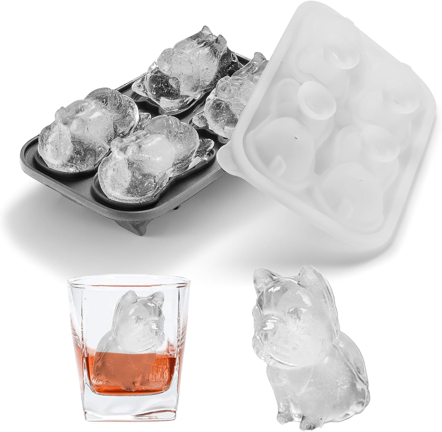 Nax Caki French Bulldog Ice Cube Mold, 4 Hole Fun Shapes Large Frenchie Bull Dog Ice Cube Tray for Whiskey,Cocktail,Bourbon, Cute Novelty French Bulldog Gifts for Decor, BPA Free