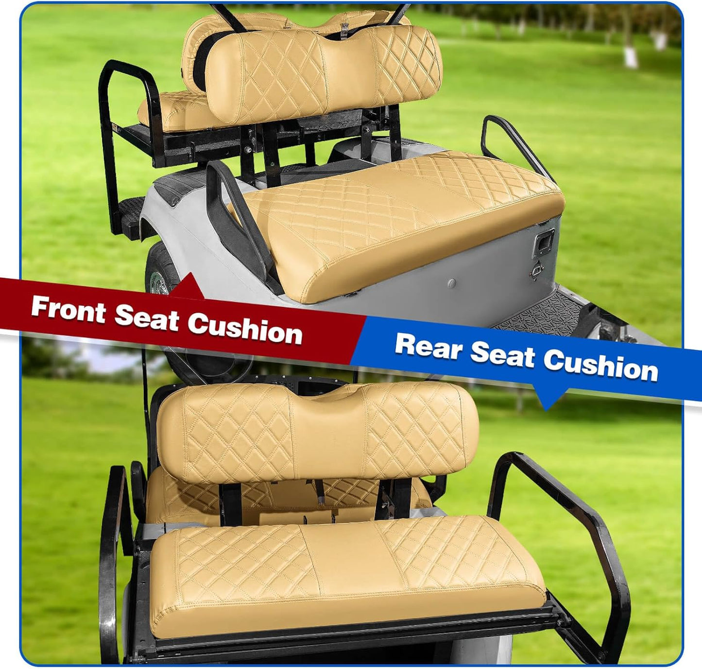 NOKINS 4PCS Golf Cart Diamond Seat Covers Kit, Front&Rear Seat Covers Fits EZGO TXT 1994-2013/EZGO RXV Standard Seat Cushion, EZGO Vinyl Seat Cover Accessories, No Staples (Tan)