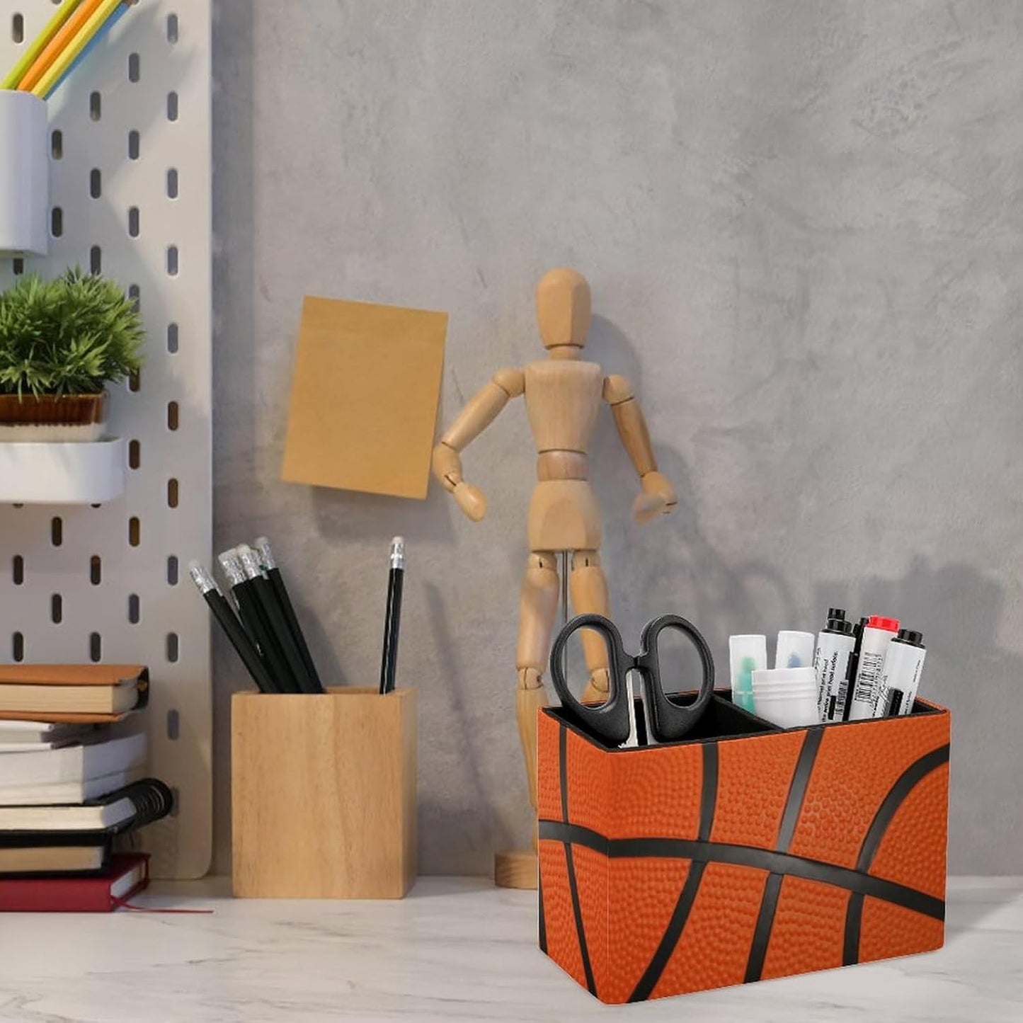 Pen Holder, Pencil Holder for Desk Organizer, Sport Ball Basketball PU Leather Pencil Cups Desktop Stationery Storage Makeup Brush Holder Pen Organizer for Office Home