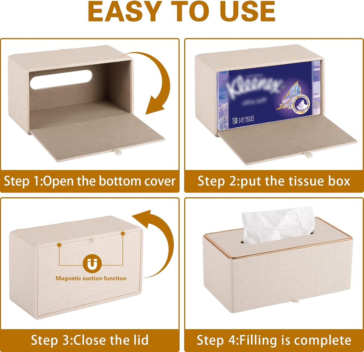 Tissue Box Cover Rectangle Tissue Box Holder PU Leather Facial Organizer with Magnetic Bottom,Decorative Napkin Caddy for Vanity Dresser Night Stand Table Countertop Home Office Car,Beige