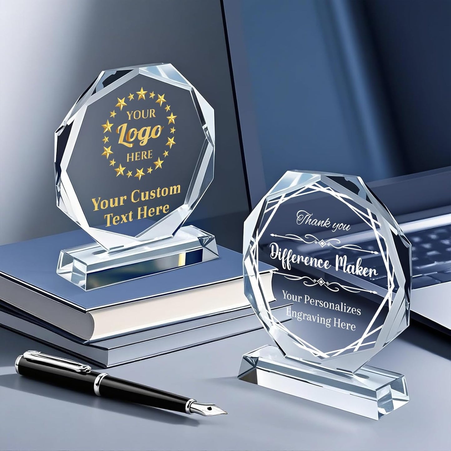 Personalized Crystal Trophy Award - Custom Plaque w/Engraved Text Logo - Employee Appreciation Gifts, Farewell Retirement Gifts - Custom Trophy and Employee Recognition Awards