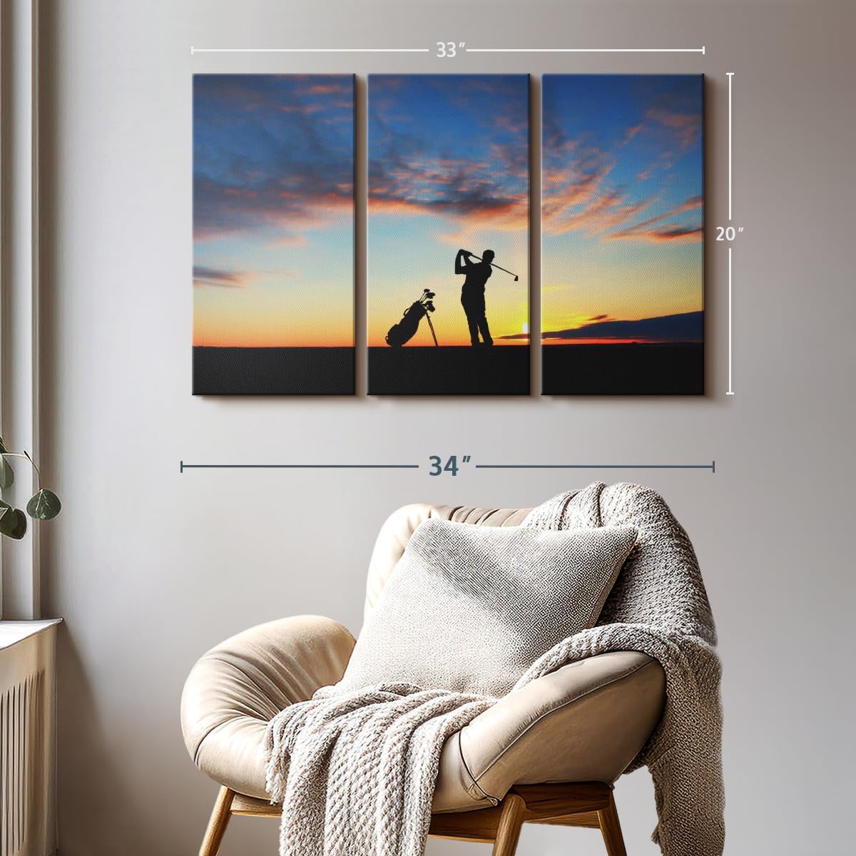 ElephantStock Golfing At Sunset Wall Art - Horizontal Canvas - 3-Piece Living Room Wall Decor - Golf Photography Canvas Print - Black and Orange Decor for Wall - 33" X 20"