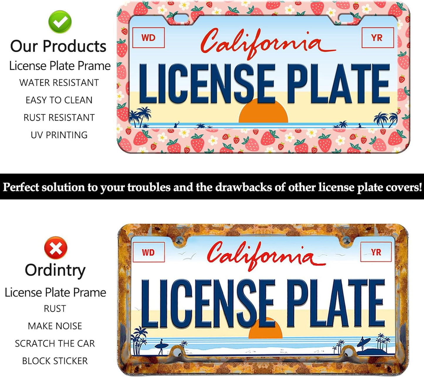 Pink Strawberry License Plate Frames - 2 Pack Cute Fruit License Plates Holder Covers Car Accessory, Aluminum Metal Rust-Proof Waterproof Car Tag Frame with Screws Fasteners Caps