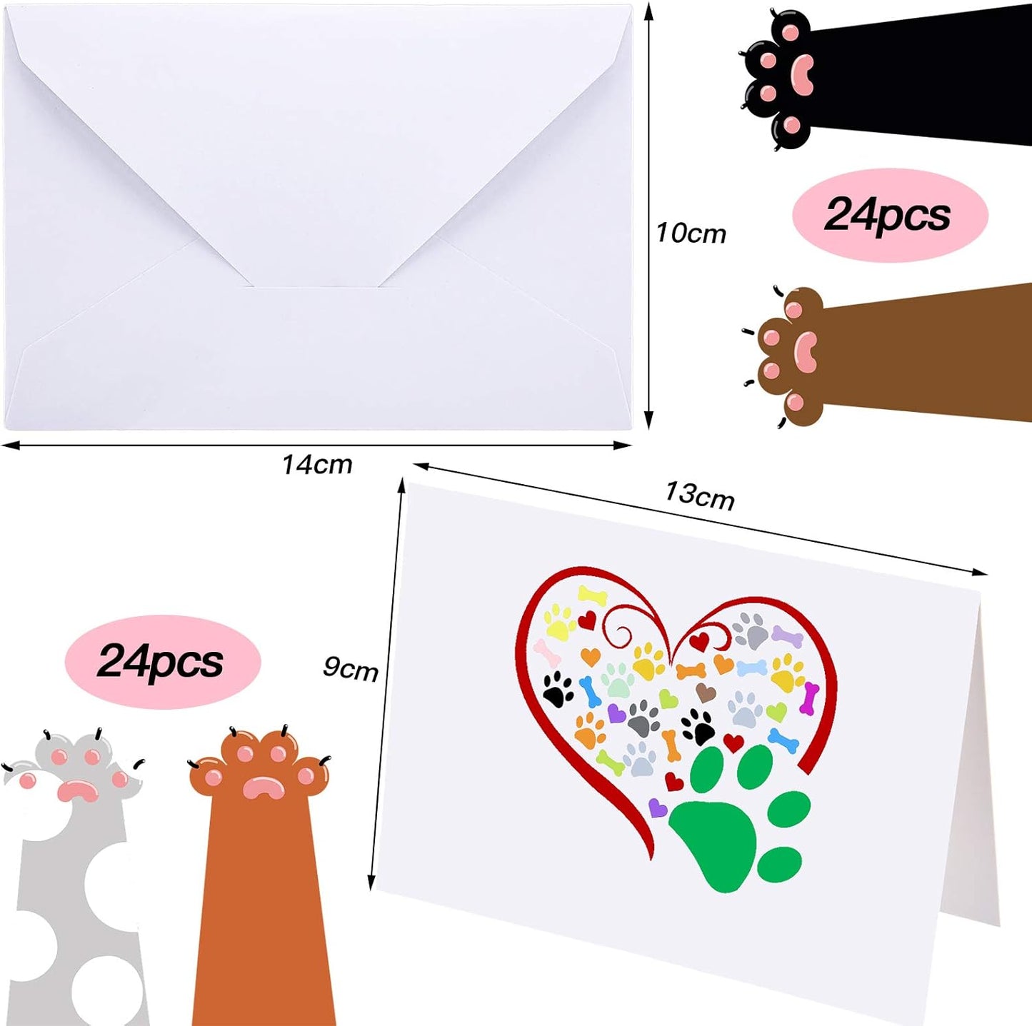 Zonon 48 Pcs Paw Printed Note Cards Set 24 Thank You Note Cards Heart Paw Print Blank Greeting with 24 White Envelopes Animal Lovers Pet Shop Birthday Party(Colorful)