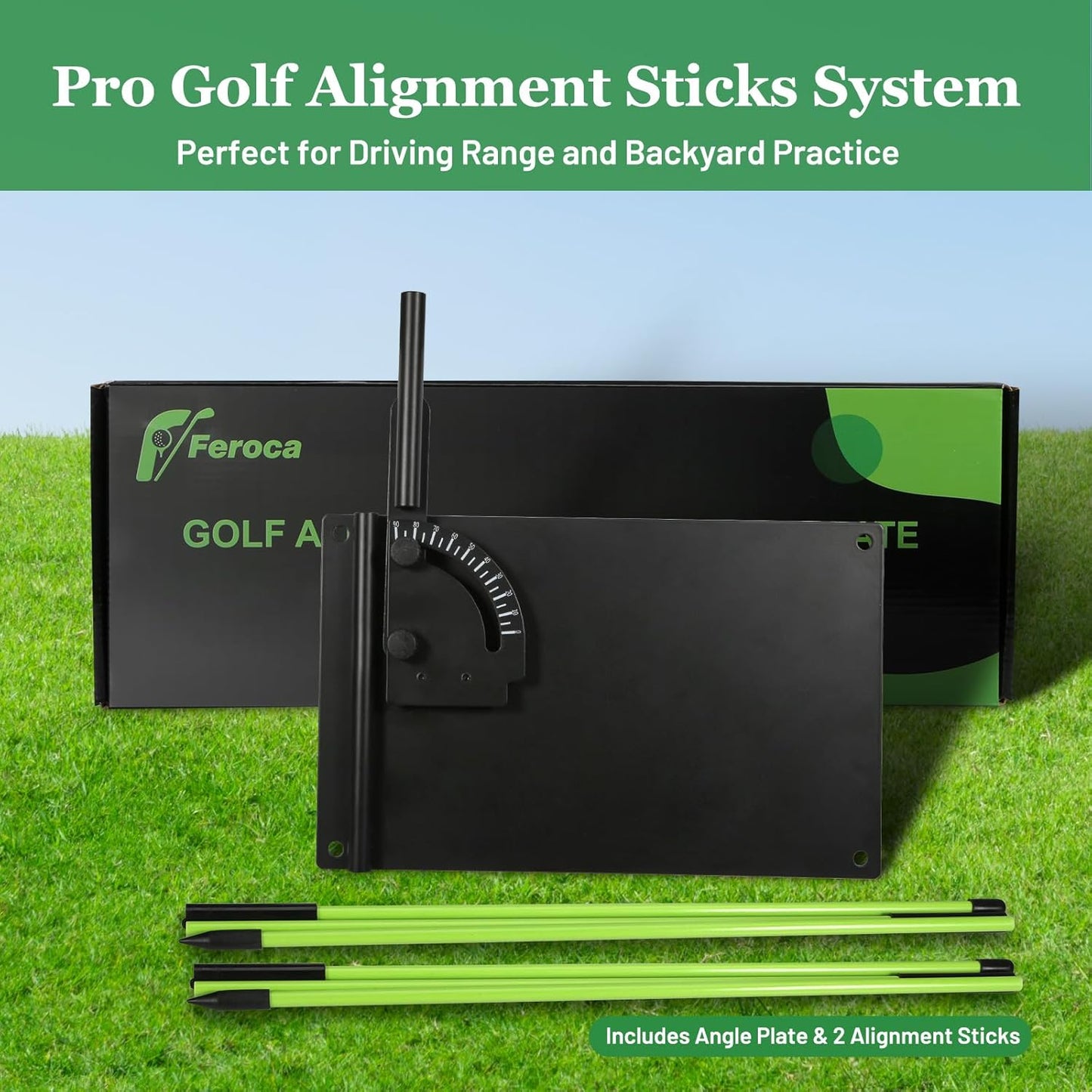 Feroca Golf Alignment Stick Holder with Adjustable Angle Plate, No Stab Ground Portable Golf Training Aid, Swing Plane Trainer to Fix Slices & Straighten Putts