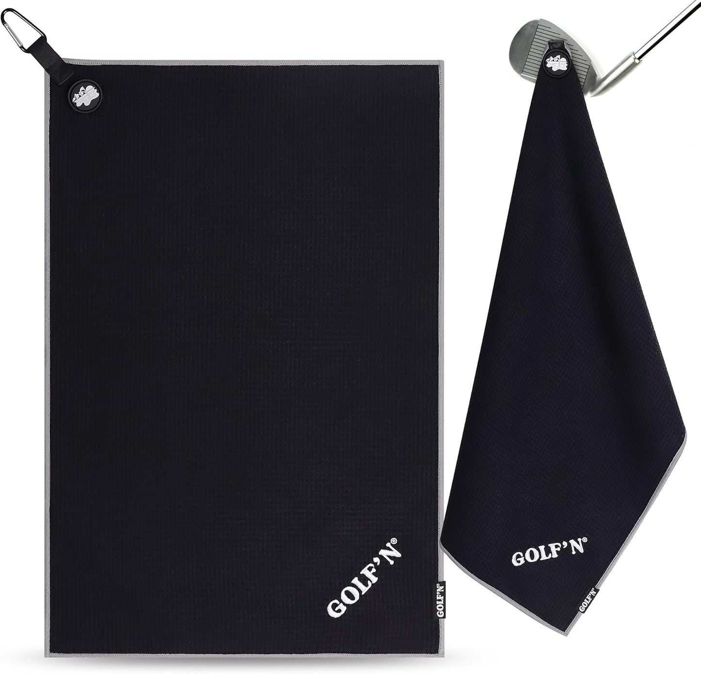 Golf'N Microfiber Towel - Magnetic Golf Towel Black 16" x 24" Golf Towels for Golf Bags with N52 Heavy Duty Magnets, Carabiner Clip & Cross Stitched Reinforced Loop, Premium Golf Accessories