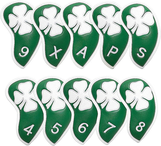 Lucky Clover Golf Iron Club Head Covers Headcovers Set, 10pcs Leather Golf Headcovers for Irons Gift for Men Women Golfer, Designed to fit All Brands