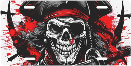 Front License Plate for Car Designs Red Black Skull Pirate Stainless License Plate Cover Holder for Men Women Metal Aluminum Decorative Accessory Vanity Tag Standard 6 X 12 Inch (4 Holes)