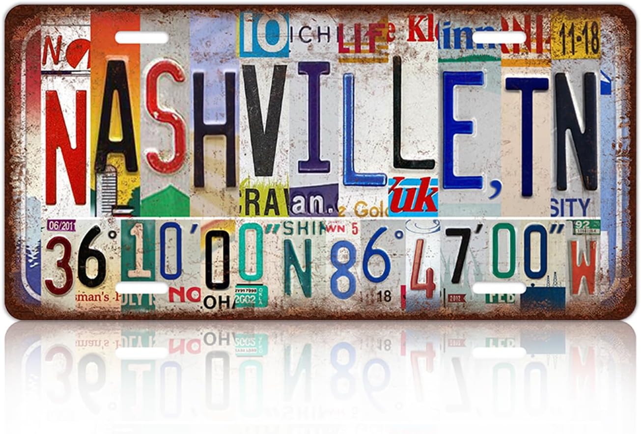 Vintage City License Plate Nashville,Tn Wall Decor Metal Tin Sign for Bar Home Bedroom 12 x 6 Inches （Including latitude and longitude）