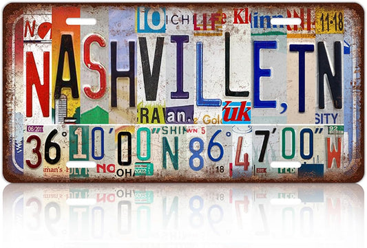 Vintage City License Plate Nashville,Tn Wall Decor Metal Tin Sign for Bar Home Bedroom 12 x 6 Inches （Including latitude and longitude）