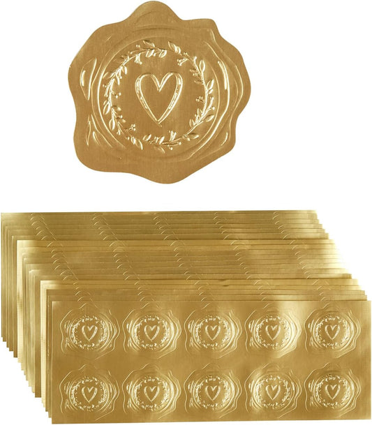300 Pieces Embossed Gold Foil Stickers Gold Stickers for Envelopes, Wedding Invitations, Christmas Greeting Cards Envelopes (Gold Heart-Love)