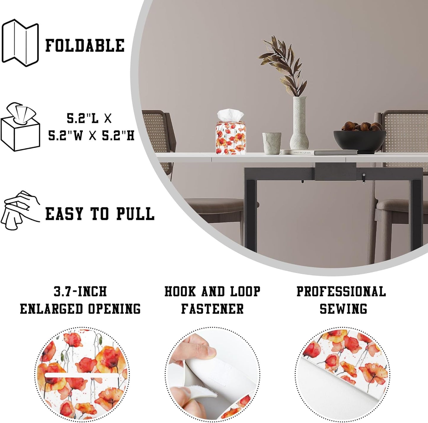 Watercolor Red Flowers Tissue Box Cover Square, Tissue Box Holder Leather Facial Paper Case Decorative Organizer Holder Dispenser Home Office Car Decor