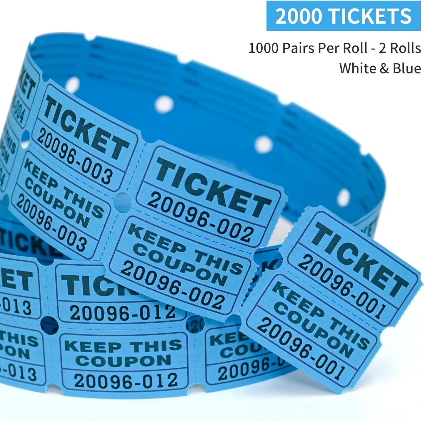 L LIKED 2000 Assorted Raffle Tickets Rolls with Consecutive Numbers 2 Rolls of 1000 Double Tickets-White,Blue