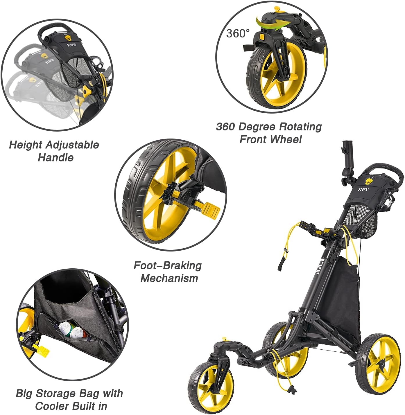 KVV 3 Wheel 360 Rotating Front Wheel Golf Push Cart Open and Close in ONE Second-Free Umbrella Holder Included