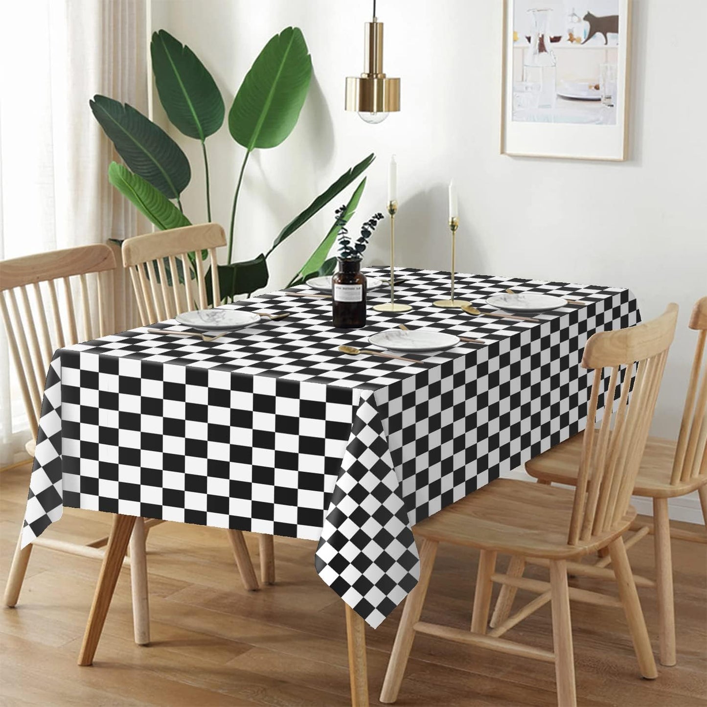 QIKSION Checkered Tablecloth Disposable 2 Pack, 54 x 108 Inch Black and White Checkered Flag Table Cloth for Rectangle Tables, Plastic Table Cover