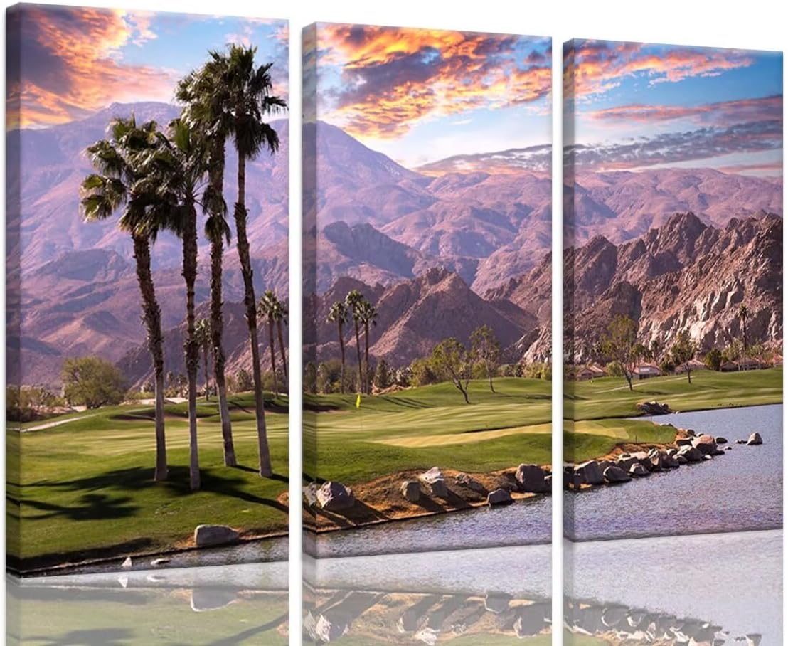 chenchenArt Golf Course at Sunset in Palm Wall Art Pictures Golf Course Wall Decor for Living Room Bedroom Home Decorations Canvas Prints Modern Artwork Framed Ready to Hang(12''W x 24''H x3)