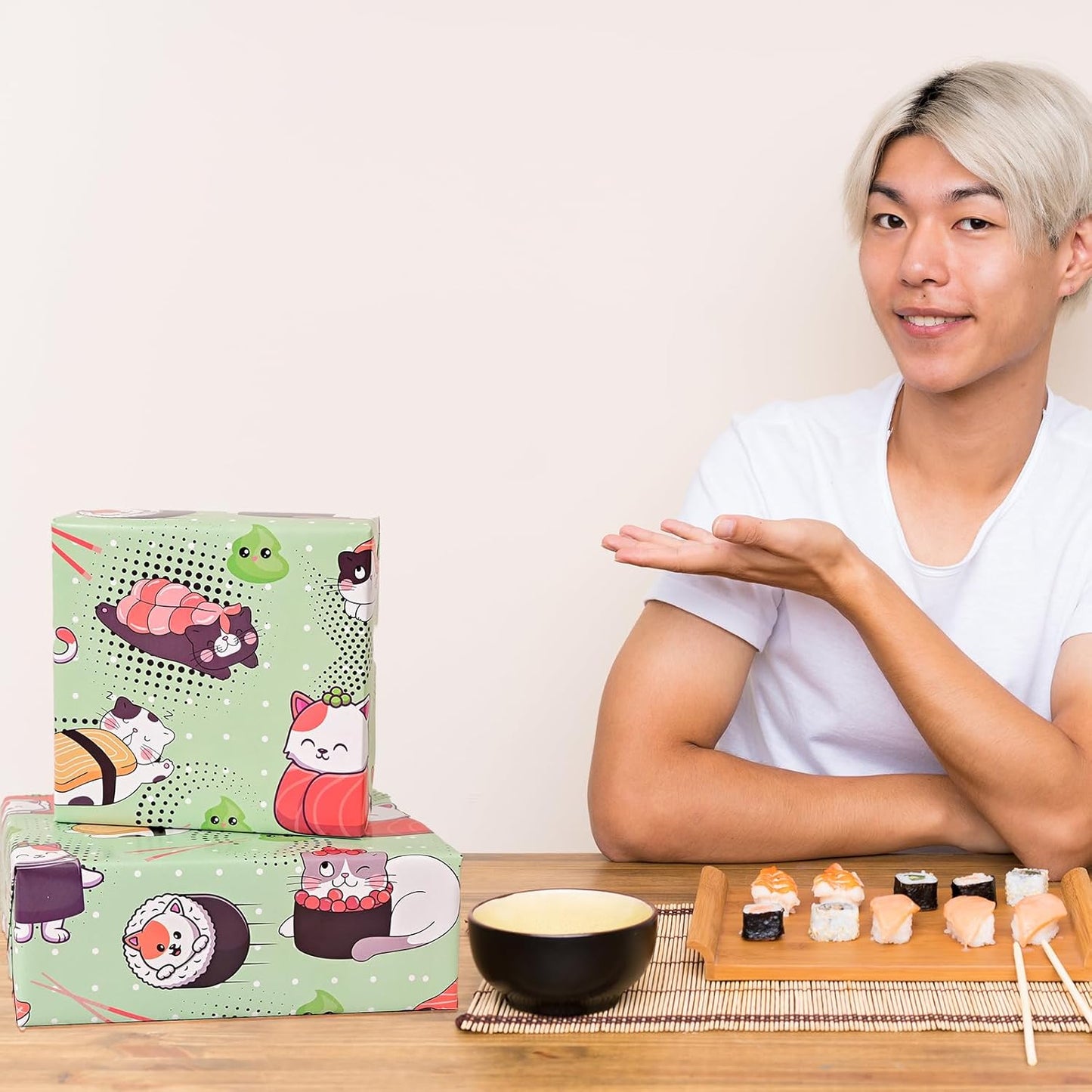 Vnaeem Kawaii Cat Wrapping Paper - Cute Sushi Cat - Japanese Gift Wrap for holiday birthday Pet Lovers - 20 X 28 Inches Per Sheet （6 Sheets)