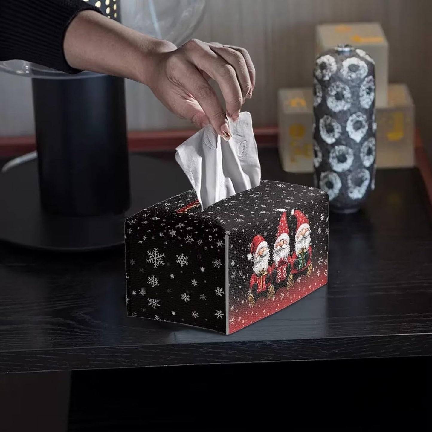 Christmas Tissue Box Cover - Rectangle Dwarf Holder PU Leather Holiday Cover for Desk Vanity Countertop Night Stand