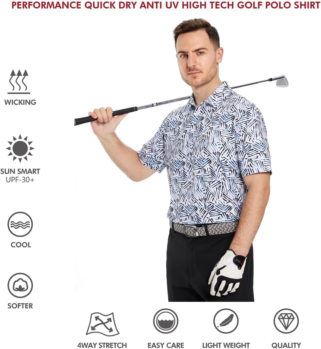 Golf Shirts for Men Dry Fit Short Sleeve Print Performance Moisture Wicking Polo Shirt