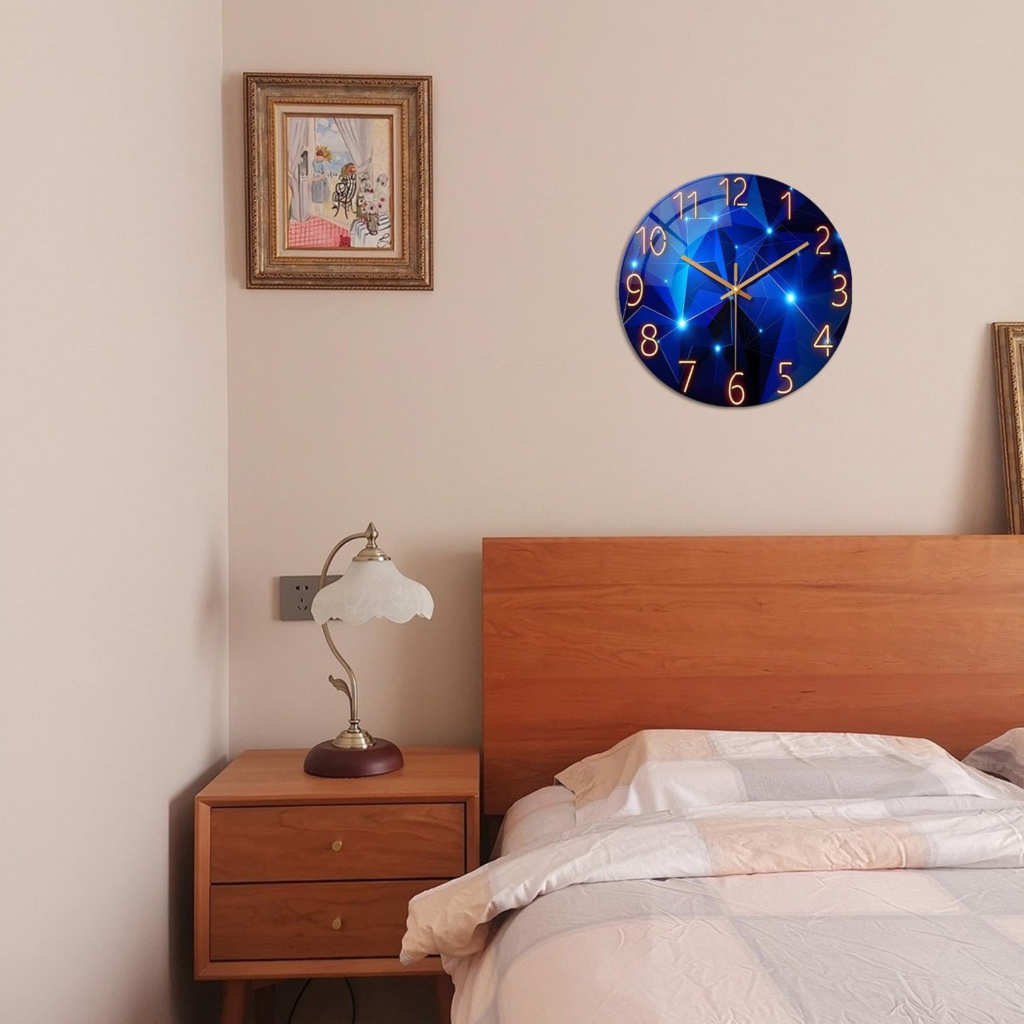 Blue Wall Clock Battery Operated 16 Inch Analog Glass Wall Clock Non Ticking Large Wall Clocks for Living Room Decor