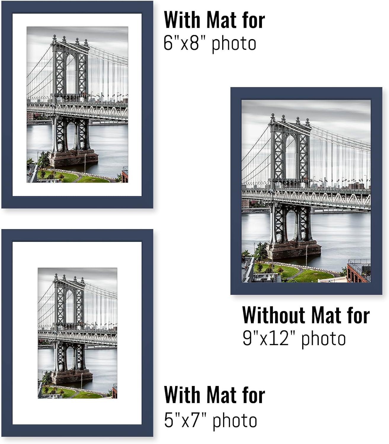 9x12 Solid Wood Picture Frames - Display 6x8 or 5x7, 9x12 Frame, Poster Photo Frame Art with 2 Mats for Wall or Table Mounting (Jazz Blue)