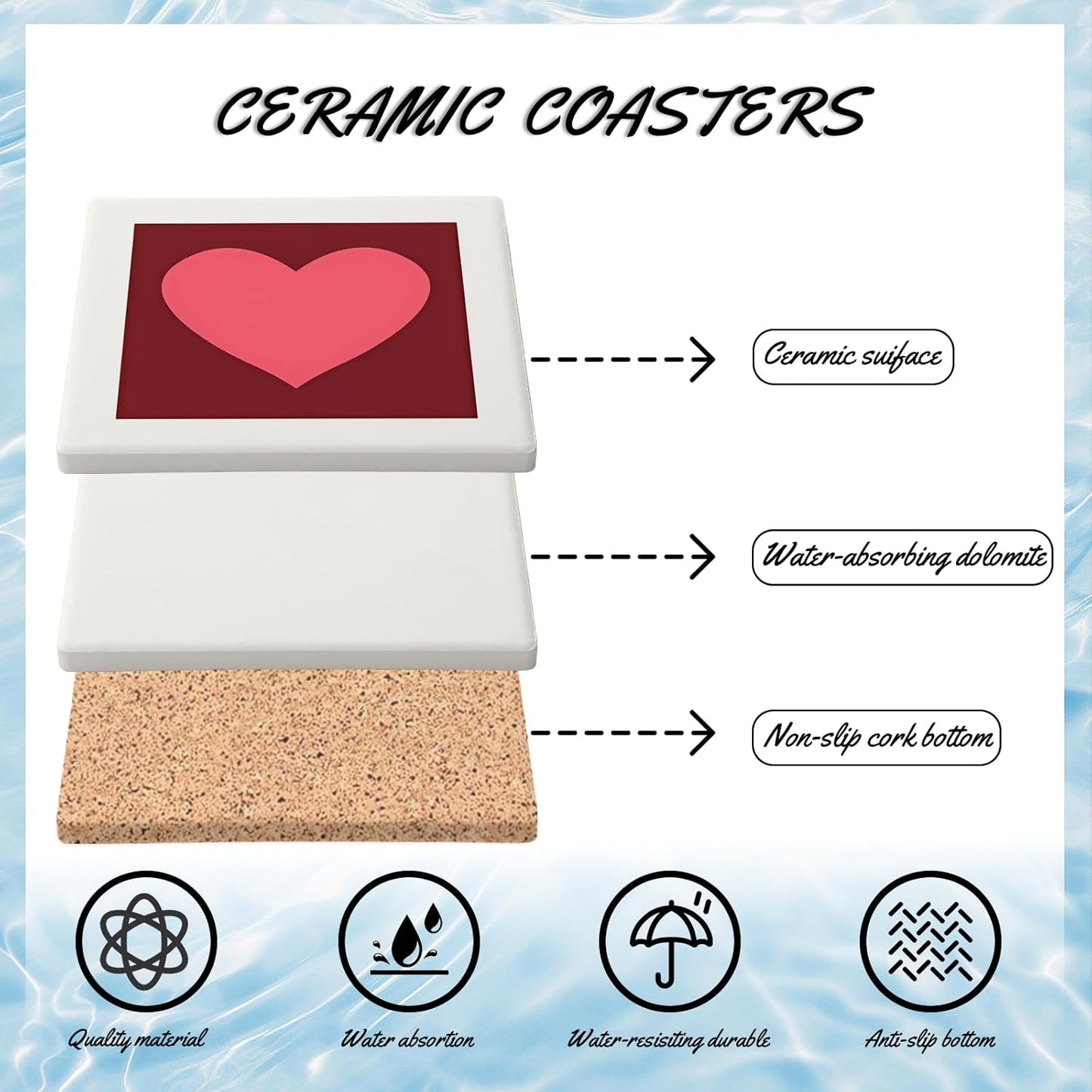 MAYCARI Love Hearts Printed Coasters Set of 6 Cork Backed Minimalist Aesthetic Coasters with Metal Holder Ceramic Surface Drink Cup Mats for Tabletop Protection Desk Decoration Valentine's Day Gifts