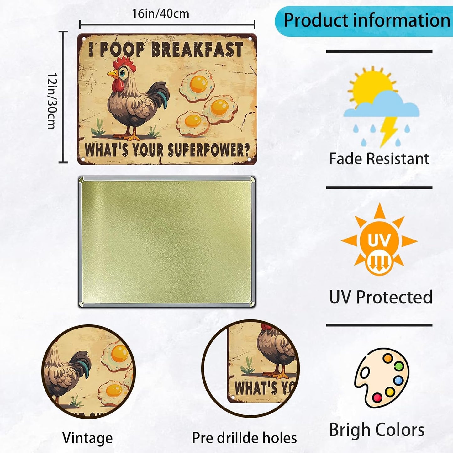 Farm Sign Chickens Pooping Breakfast Tin Sign Plaque Metal Poster 12x16 Inch Wall Decor