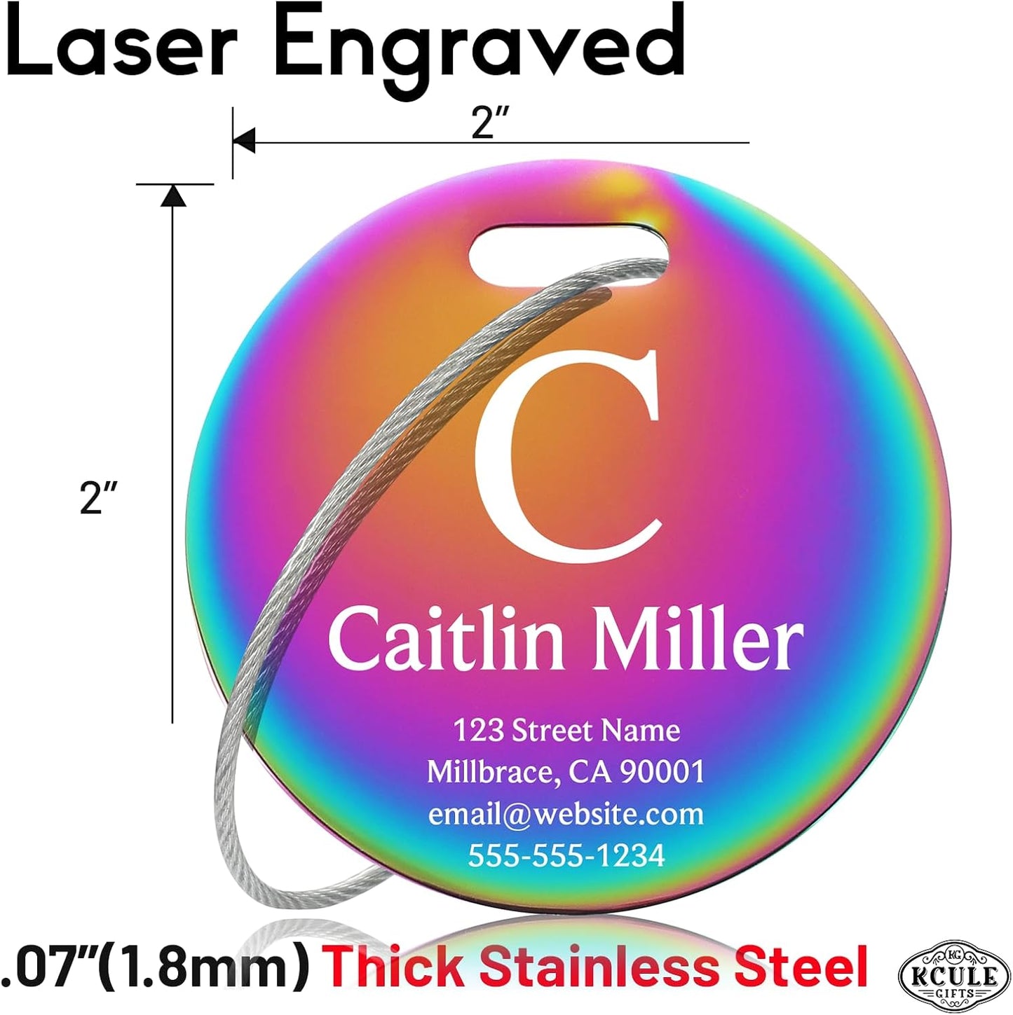 Custom Stainless Steel Luggage Tags: Personalize Your Suitcases, Backpacks, and Bags with Your Text (Rainbow) Elegant Circle-Rainbow