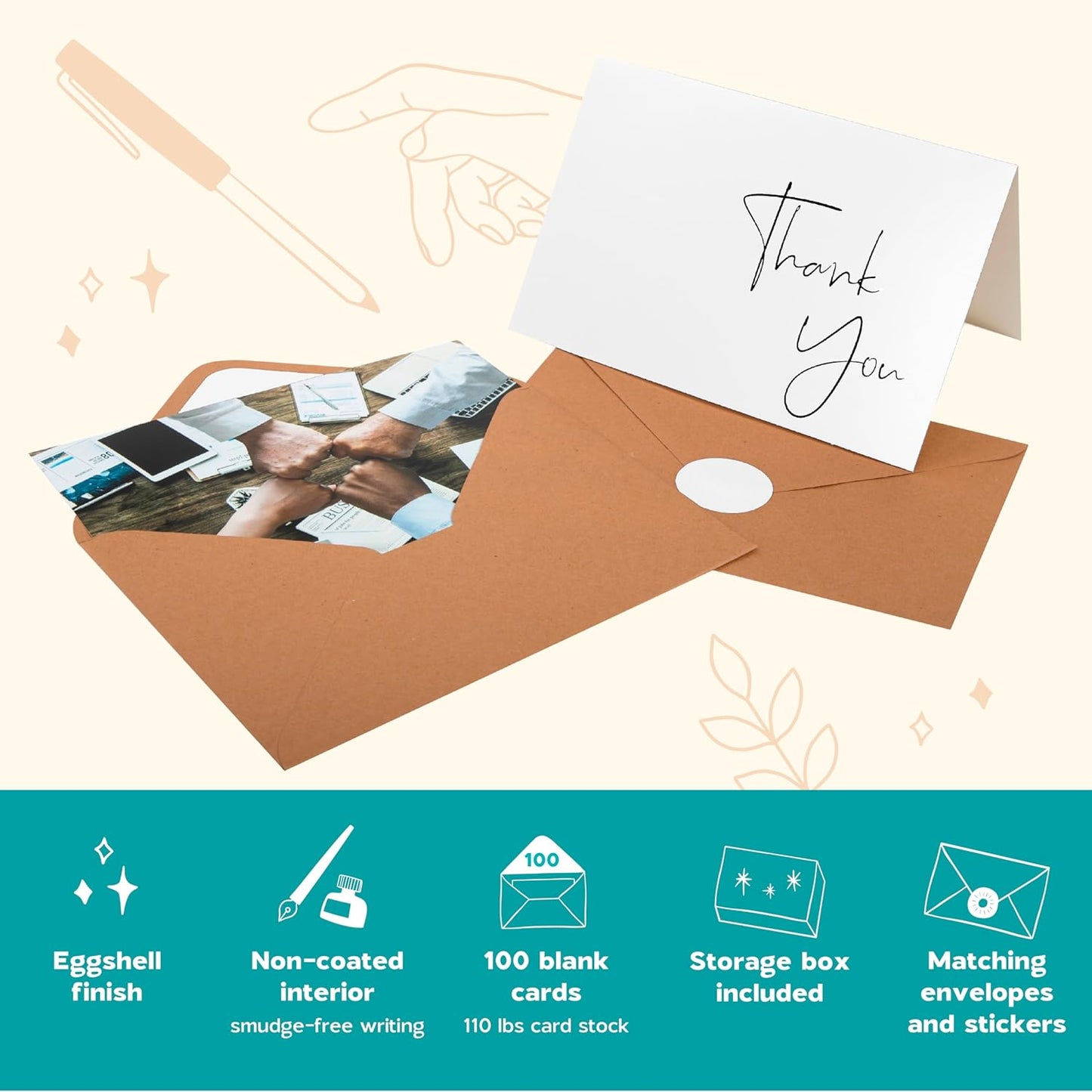 VNS Creations Thank You Cards With Envelopes Bulk Set & Stickers - 100 Pack 4x6 Blank Thank You Notes Bulk Box Set - Large Note Card Small Business, Wedding, Baby Shower & Bridal Shower - White