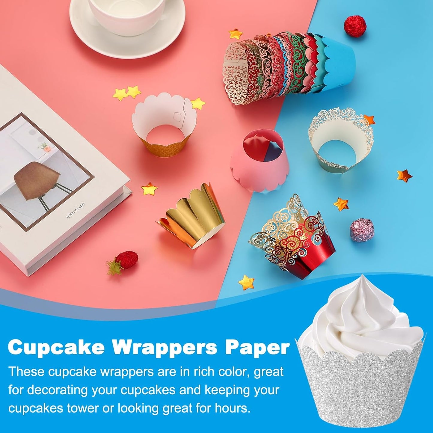 PATIKIL Cupcake Wrappers Paper, 50 Pack Baking Cups Standard Wave Decoration for Anniversary Birthday Weddings and Parties, Light Silver