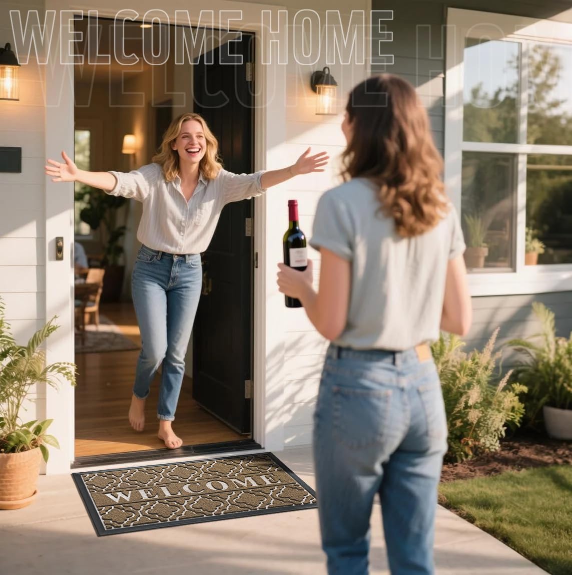 Yimobra Welcome Mat Outdoor Indoor 29.5x17, All-Weather Waterproof Outdoor Mats for Front Door, Non-Slip Low Profile Porch Patio Doormat, Coffee
