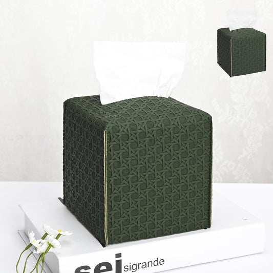 HOMOTEK 2 Pack Tissue Box Cover, Square PU Leather Tissue Holder, Decorative Facial Tissue Cube Paper Organizer Dispenser for Bathroom, Night Stands, Desk, Car 5X5X5'' - Rattan Weave,Emerald Green