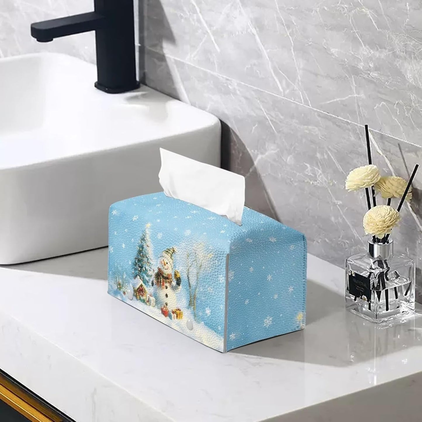 Cute Snowman Tissue Box Cover Christmas Tissue Box Leather Tissue Box Cover Rectangle 9x5x5 Modern Home Decor for Home Car Hotel Office Bathroom