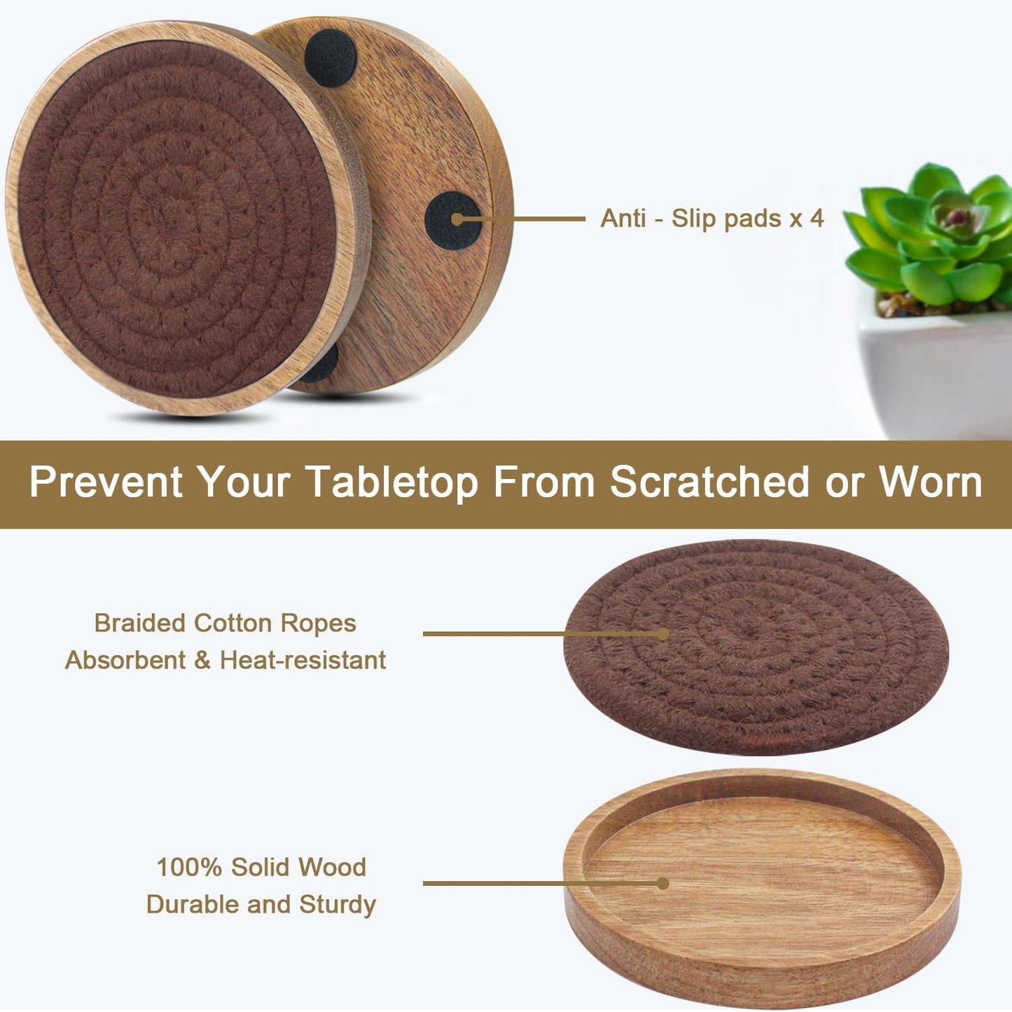 6 Pack Absorbent Coasters, 4.3 inches Cork for Coffee Tables, Wooden Drink Coasters for Kitchen, Farmhouse, Bar, and Office