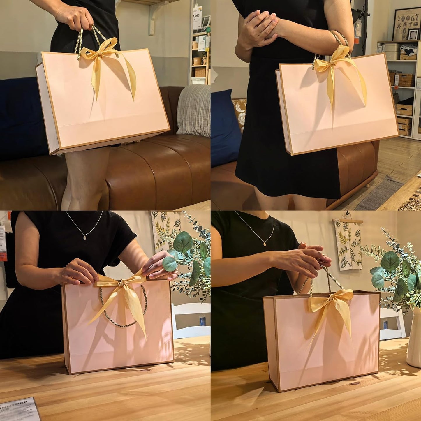 TKSBAG 12PCS Gift Bags Medium Size with Handles, 12.5 x 9.8 x 4.3 In Pink Gold Thank You Bags with Bow Ribbon for Wedding, Birthday, bridesmaid, Groomsmen, Party Favors, Thanksgiving, Christmas