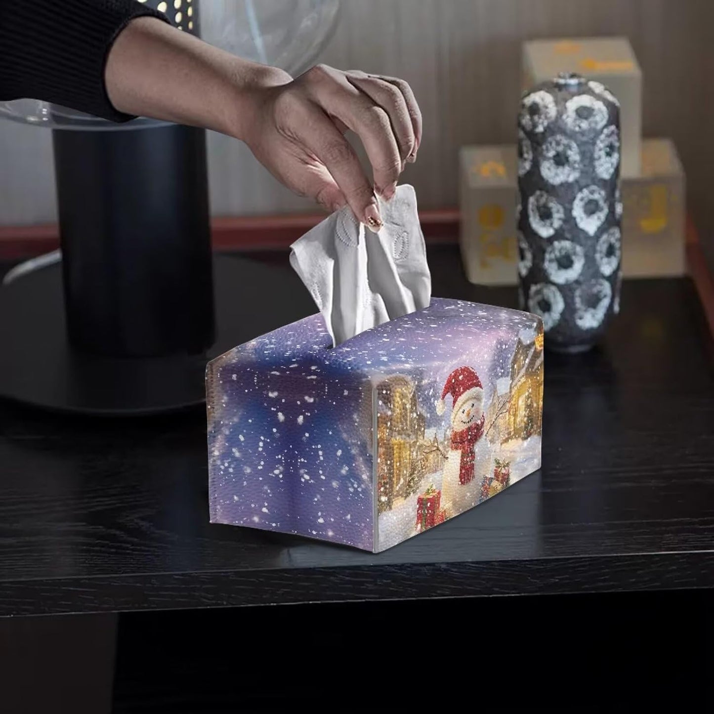 Rectangle Tissue Box Cover Snowman Print Cute Tissue Box Holder with Bottom Belt Christmas Tissues Cube Boxes for House Winter Indoor Decorations for Dining Room