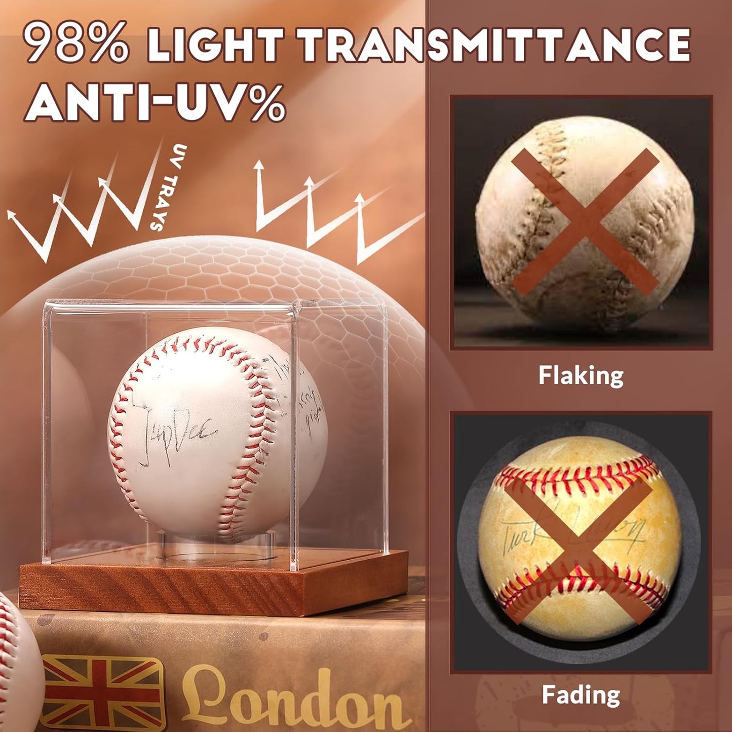 JupDec Baseball Display Case 4 Pack, Clear Cube Baseball Holder with Wooden Base, Autograph Baseball Stand Box for Single Ball, Brown