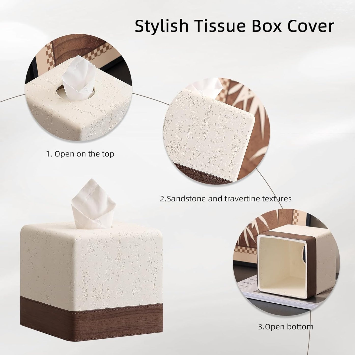 Tissue Box Cover Rectangle, Resin Facial Tissue Holder Covers Toilet Paper Holder Decorative Paper Dispenser Home Decor for Bathroom Bedroom Living Room Office (Off White with Leather)