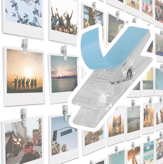 20 Pack Mini Self Adhesive Clips for Pictures - Clip Photo Holders for Wall, Photo Cards Hanging Display Board & Picture Boards, Artwork Photos Holders Hangers Room Decor (Clear)