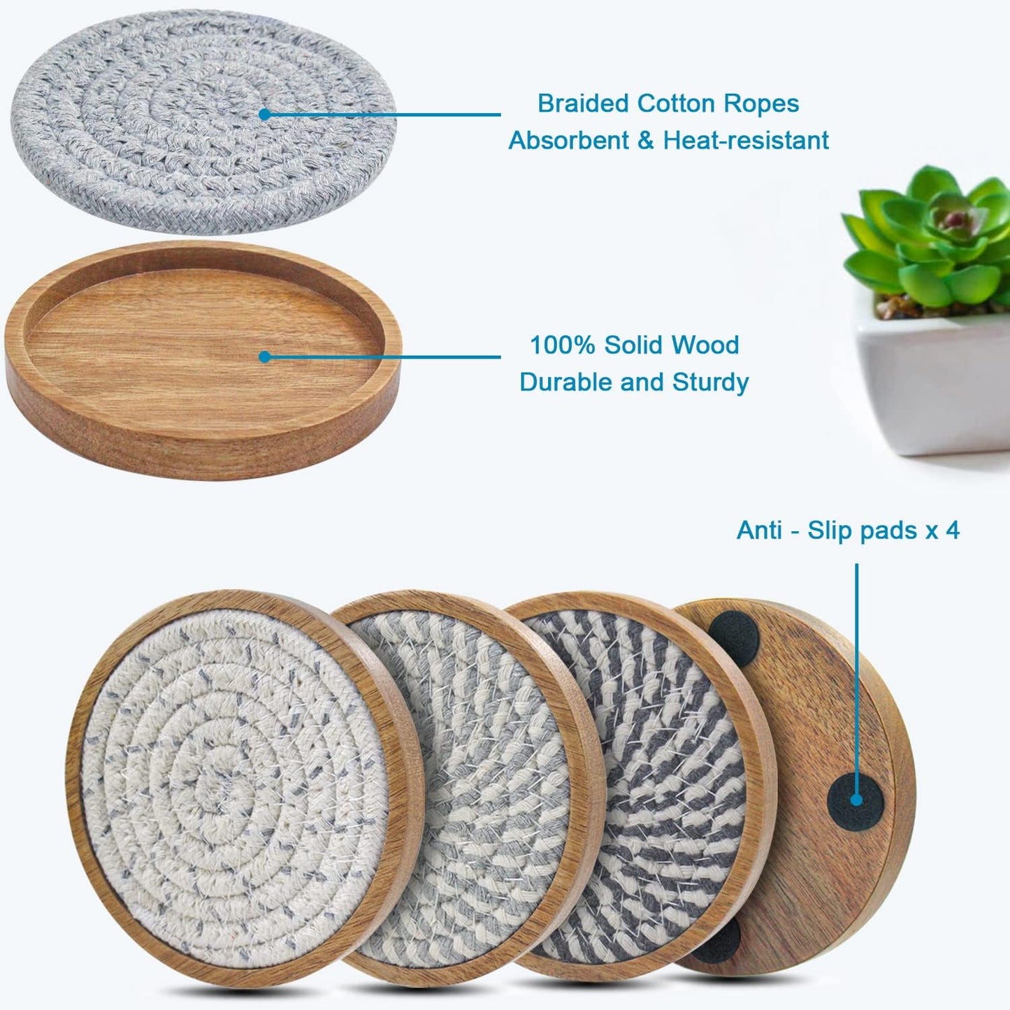 5 Pack Coasters for Drinks Absorbent, 4.3 inches Cork Coasters for Coffee Tables, Wooden Drink Coasters for Table Protection, Cute Coasters for Kitchen, Farmhouse, Bar, and Office (Gray Series)