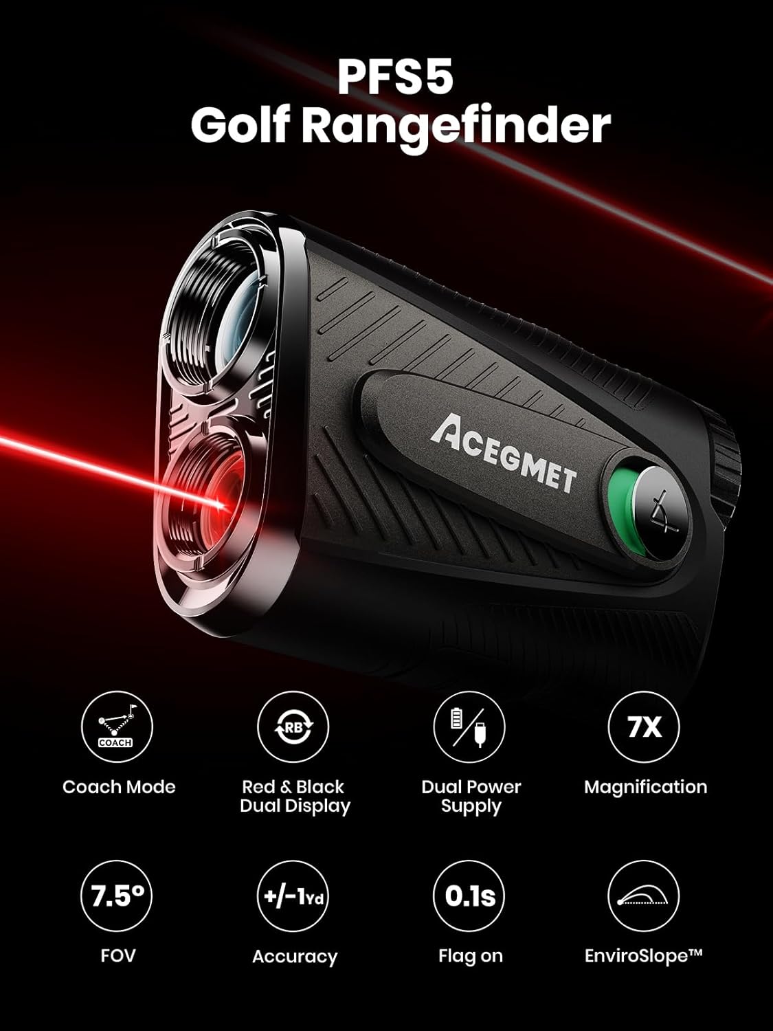 ACEGMET Golf Rangefinder with Slope & Coach Mode - 1300 Yards Laser Range Finder, Hybrid-pwr Rechargeable, 0.1s Flag Pin Locking Vibration, 7X Magnification, Dual-Color Display, Magnet