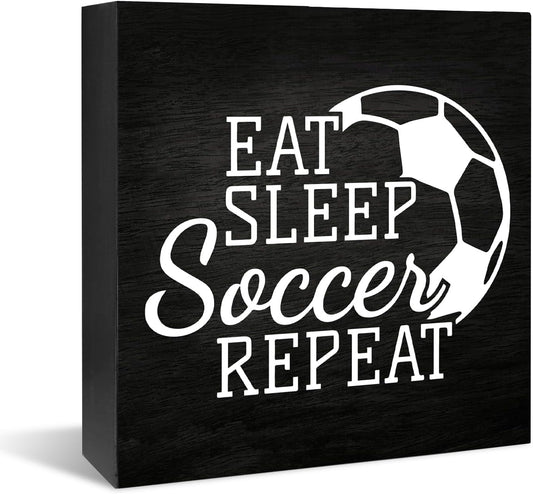 Soccer Decor Sign - Eat Sleep Soccer Repeat, Wooden Box Table Sign for Boys Room, Bedroom Decor, Birthday Party Decorations 5 x 5 Inch