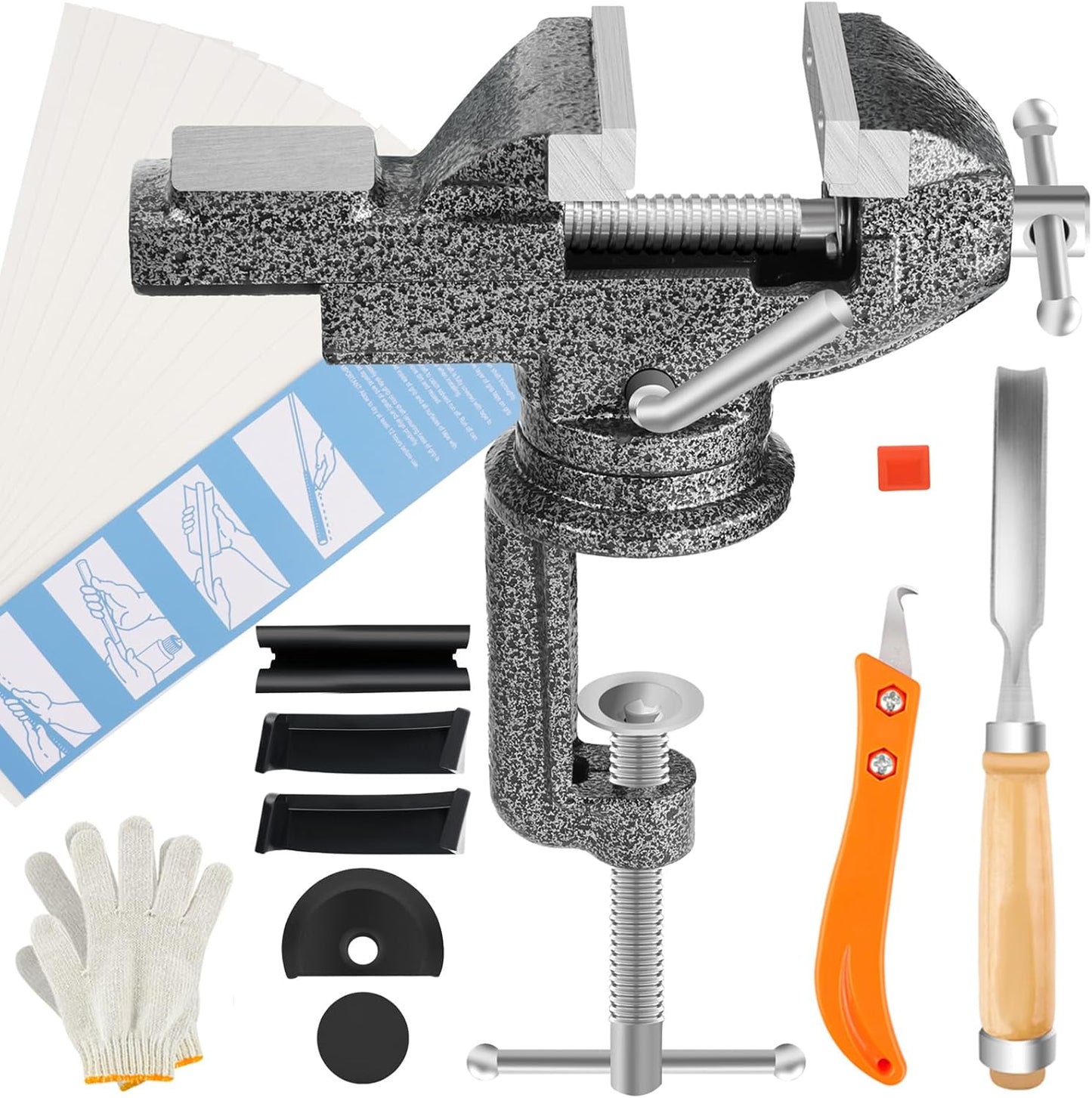 Golf Club Grip Vise Clamp Kit, Golf Grip Tape Remover Tool for Regripping, Include Portable Table Vise/Scraper/Hook Knife/Gloves/Rubber Sleeve/ 13PCS Double-Sided Tapes