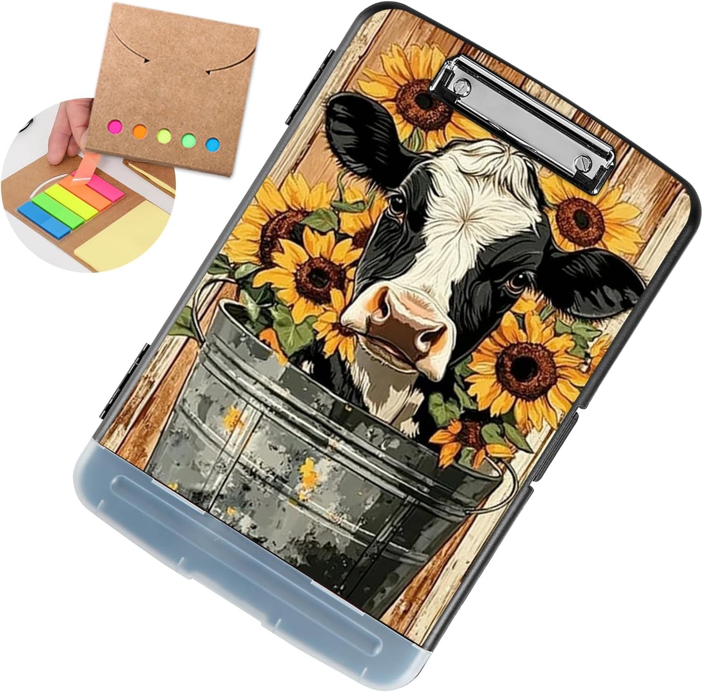 Clipboard with Storage - Large Capacity,Nursing Clipboard with Pen Holder,Heavy Duty,Plastic Side-Opening Folder for Teacher,Nurse - Cow Sunflower