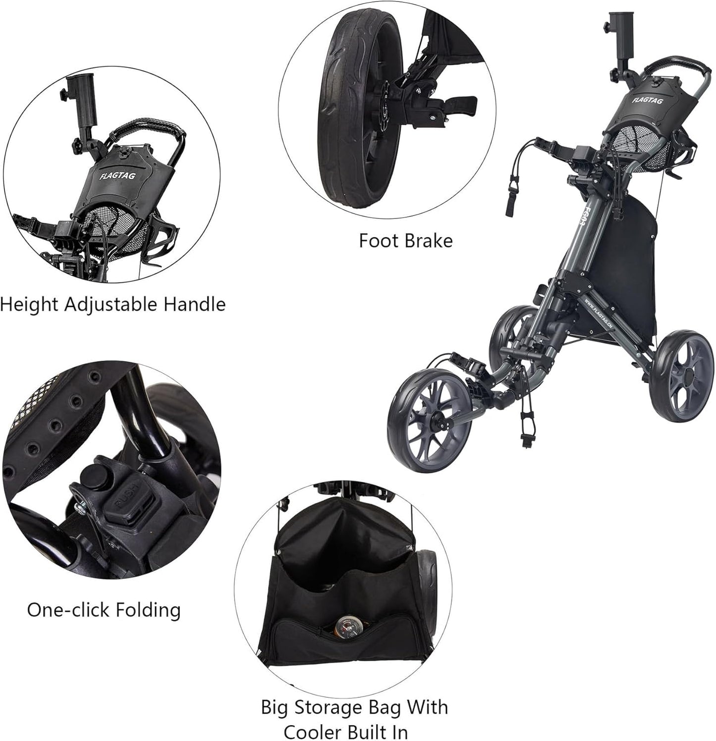 Golf Push Cart 3 Wheel,Foldable Golf Push Cart,Golf Bag Cart with Foot Brake,Umbrella Holder, Cup Holder, Storage Compartment