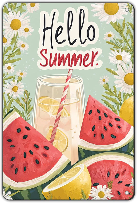 Hello Summer Vintage Tin Sign Watermelon Summer Decor Funny Wall Decor for Home Cafes Office Club 12x8 Inch