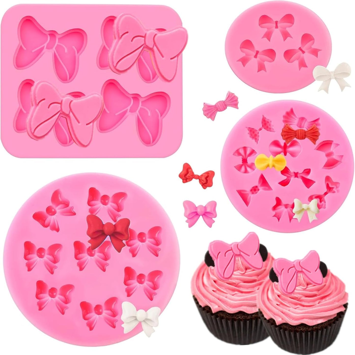 4 Pcs Bow Silicone Mold, Mini Bows Fondant Molds, Chocolate Candy Silicone Molds for Cupcake Topper, Cake Pop Decoration and Clay Craft Making