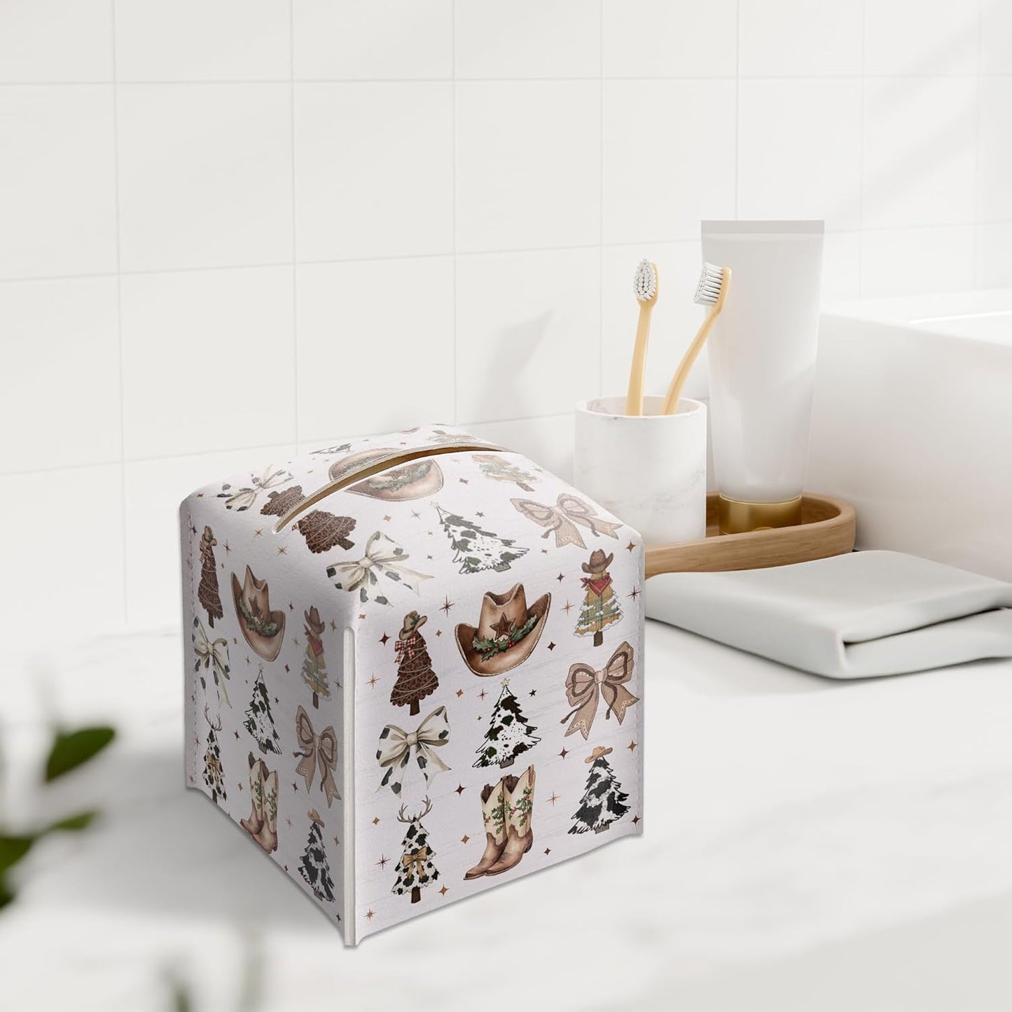 Country Christmas Tissue Box Holder, Cowgirl Boots Hat Christmas Trees Leather Tissue Box Cover Square, Paper Facial Decorative Tissues Cover for Bathroom Kitchen Office Home Decor-B33